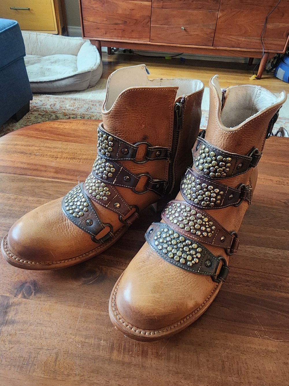 freebird Grady Tan Leather Studded Strap Ankle Boots
